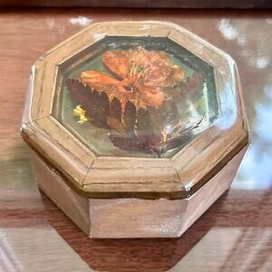 Vintage Octagon Wood Trinket Box with Pressed Flowers - 1970s Keepsake Box